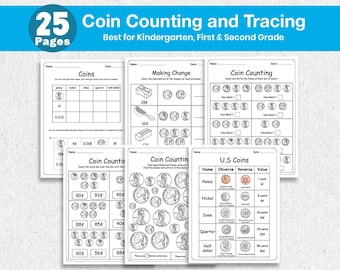 Ausdruckbare Münz-Arbeitsblätter für Kinder | U.S. Münzprüfer und Zählpraktiken | Vorschule & Kindergarten Mathe PDF | Sofort Download