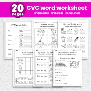 May include: A set of 20 CVC word worksheets for early learners, covering kindergarten and first grade. The pages feature activities such as matching words, unscrambling, and sentence completion. Ideal for home schooling.