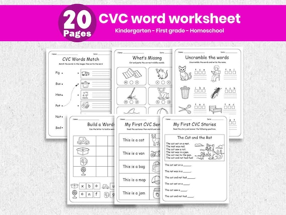 CVC Word Worksheets Printable | Short Vowel Word Practice | Kindergarten & First Grade Phonics | Literacy Center | Homeschool | PDF Download