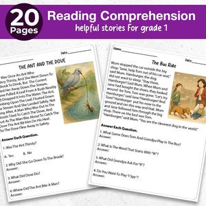 Puede incluir: Hojas de trabajo de comprensión lectora educativa para el primer grado. Las hojas de trabajo presentan dos historias, "The Ant and the Dove" y "The Bus Ride", con preguntas de acompañamiento. La imagen incluye el texto "20 páginas" y "Comprensión de lectura".