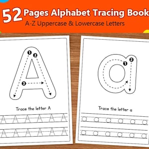 May include: Two white pages from an alphabet tracing book. The left page shows a large uppercase letter "A" with numbered tracing guides and the text "Trace the letter A". The right page shows a lowercase "a" with similar guides and the text "Trace the letter a".