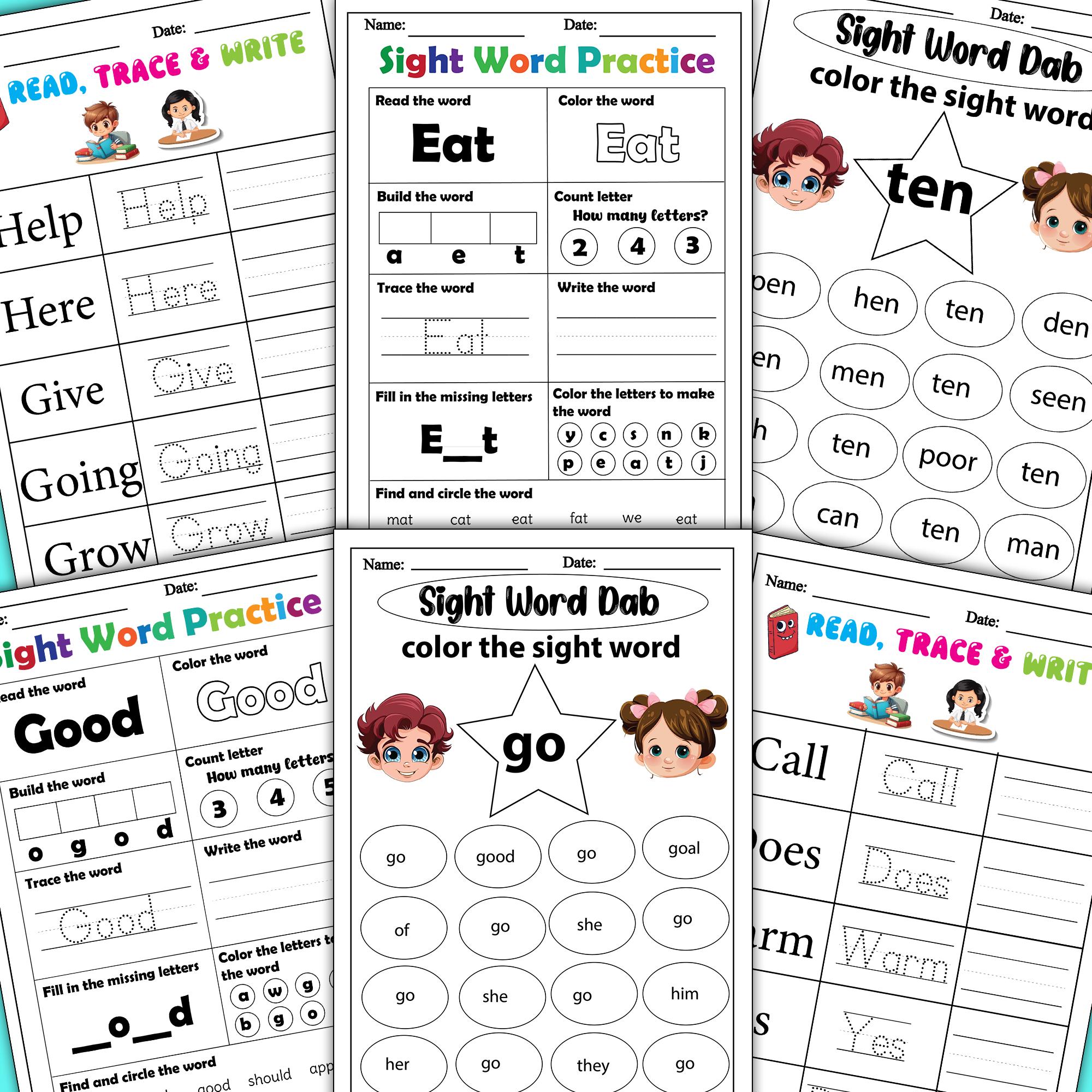 50 Sight Words Practice Pages, Printable Kindergarten Sight Words ...