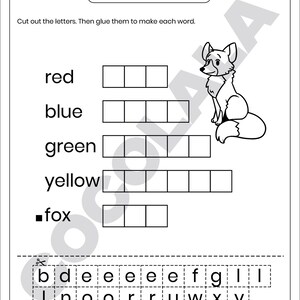 Printable Build the Word Sight Word Worksheet for Preschool and Kindergarten. Kids cut out letters and paste them to spell words like ten, give, bed, and because. Great for early literacy, phonics, spelling, and fine motor skills. Fun cut-and-paste sight word activity for classroom or homeschool. Part of a 30-page printable learning pack. Black and white worksheet for easy printing
