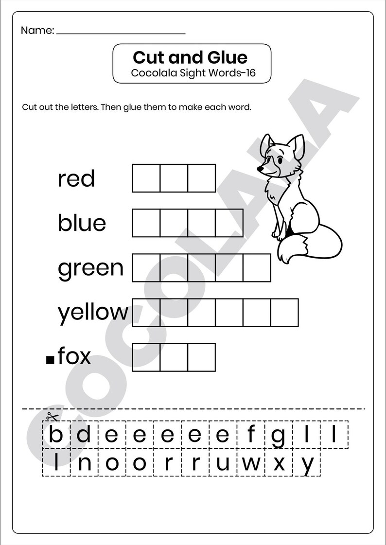 Printable Build the Word Sight Word Worksheet for Preschool and Kindergarten. Kids cut out letters and paste them to spell words like ten, give, bed, and because. Great for early literacy, phonics, spelling, and fine motor skills. Fun cut-and-paste sight word activity for classroom or homeschool. Part of a 30-page printable learning pack. Black and white worksheet for easy printing