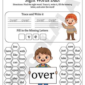 Bundle of printable sight word resources including 100 Fry First sight words, 103 sight words, Build the Word activities, Sight Word Dab pages, and 50 Sight Words Practice worksheets. Designed for PreK to Grade 1 literacy development. Combines tracing, dot marker, writing, matching, and building formats for diverse practice. High-quality PDF download for immediate printing and use in classrooms or home learning.