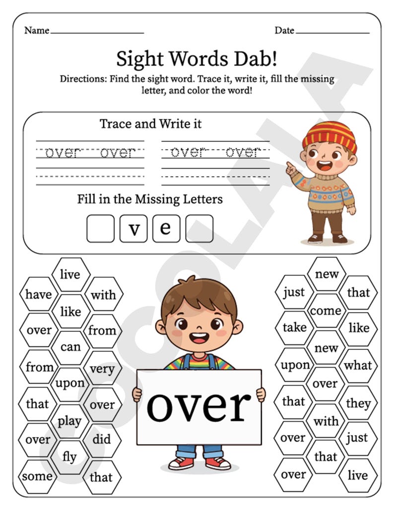 Bundle of printable sight word resources including 100 Fry First sight words, 103 sight words, Build the Word activities, Sight Word Dab pages, and 50 Sight Words Practice worksheets. Designed for PreK to Grade 1 literacy development. Combines tracing, dot marker, writing, matching, and building formats for diverse practice. High-quality PDF download for immediate printing and use in classrooms or home learning.