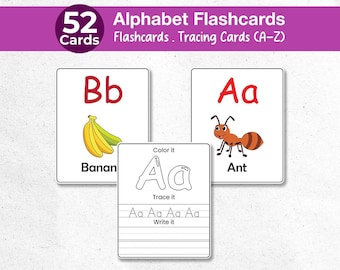 Cartes alphabet et feuilles de traçage (A–Z) – 52 cartes imprimables avec lettres majuscules et minuscules pour enfants, tout-petits, Montessori