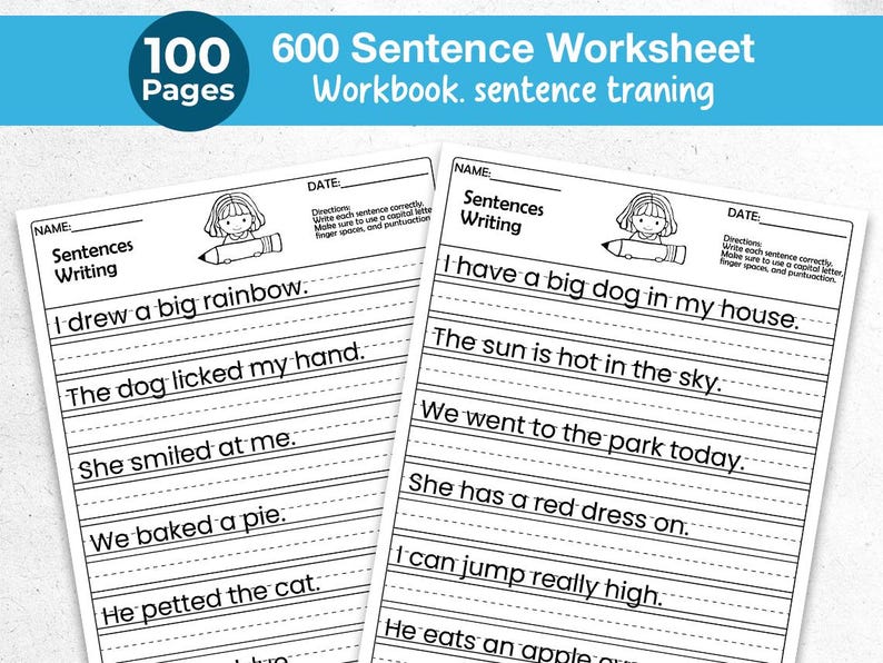 Printable sentence writing worksheets for 1st to 3rd grade students. Includes 50 pages with picture prompts and guided lines to help kids practice writing complete sentences. Supports grammar, punctuation, handwriting, and early composition skills. Great for homeschool, ELA classrooms, or writing centers. Delivered as a digital PDF in A4 and US Letter sizes for easy printing.