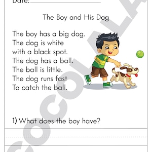 Printable reading comprehension worksheets for Kindergarten and First Grade. Includes 30+ short reading passages with follow-up questions to help children build reading fluency, vocabulary, and understanding. Perfect for homeschool, classroom use, or language arts enrichment. Delivered as an easy-to-print black and white PDF, sized for standard US Letter paper.