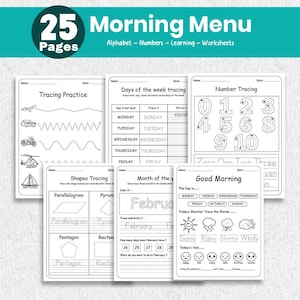 Morning Menu Printable for Preschool & Kindergarten | Alphabet Numbers Tracing Worksheets | Daily Learning Binder | PDF Download