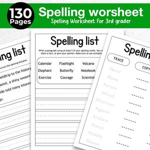 May include: A set of three white spelling worksheets with black text. The pages feature the title Spelling list, exercises for finding and correcting mistakes, writing paragraphs with specific words like Calendar and Volcano, and trace, copy, and spell columns.