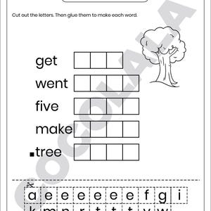 Printable Build the Word Sight Word Worksheet for Preschool and Kindergarten. Kids cut out letters and paste them to spell words like ten, give, bed, and because. Great for early literacy, phonics, spelling, and fine motor skills. Fun cut-and-paste sight word activity for classroom or homeschool. Part of a 30-page printable learning pack. Black and white worksheet for easy printing