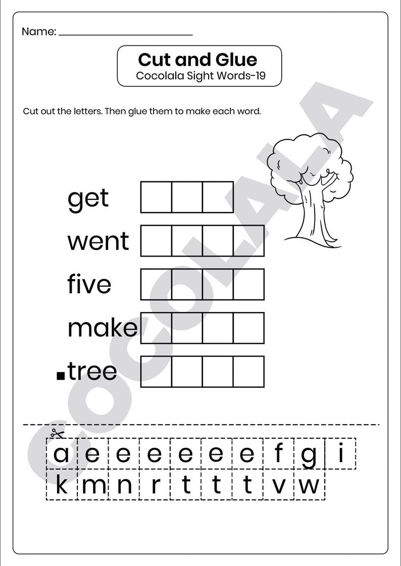 Printable Build the Word Sight Word Worksheet for Preschool and Kindergarten. Kids cut out letters and paste them to spell words like ten, give, bed, and because. Great for early literacy, phonics, spelling, and fine motor skills. Fun cut-and-paste sight word activity for classroom or homeschool. Part of a 30-page printable learning pack. Black and white worksheet for easy printing