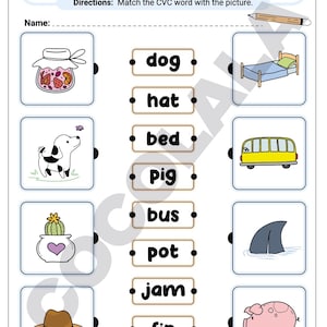 May include: A worksheet titled "CVC Matching" with illustrations and word matching exercises. The worksheet includes images of a jar of jam, a dog, a bed, a bus, a pot, a hat, a fin, and a pig. The words "dog", "hat", "bed", "pig", "bus", "pot", "jam", and "fin" are listed.