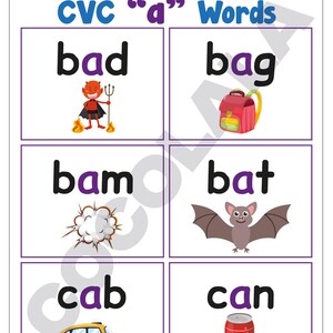 May include: Educational chart with CVC "a" words. Each word is paired with a corresponding image: a devil, a backpack, an explosion, a bat, a taxi, and a soda can. The words are in bold black font, with the letter "a" in purple.