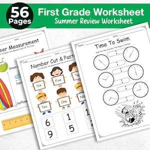 May include: A collection of first-grade summer review worksheets. The worksheets include topics like measurement, number cut and paste, and telling time. The image shows a green and white banner with the text "56 Pages" and "First Grade Worksheet Summer Review Worksheet."