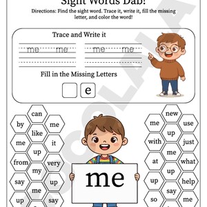 Bundle of printable sight word resources including 100 Fry First sight words, 103 sight words, Build the Word activities, Sight Word Dab pages, and 50 Sight Words Practice worksheets. Designed for PreK to Grade 1 literacy development. Combines tracing, dot marker, writing, matching, and building formats for diverse practice. High-quality PDF download for immediate printing and use in classrooms or home learning.