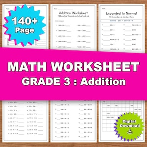 Hojas de trabajo de matemáticas de 3.er grado, 148 páginas / Suma de 3.er grado, cuaderno de verano para niños / Hoja de trabajo de matemáticas de verano, paquete de aprendizaje de 3.er grado, libro de matemáticas