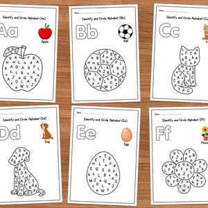 May include: Six black and white worksheets with a letter of the alphabet at the top of each page. Each page has a picture and a circle of letters. The letters in the circle are jumbled and the child is asked to circle the correct letter.