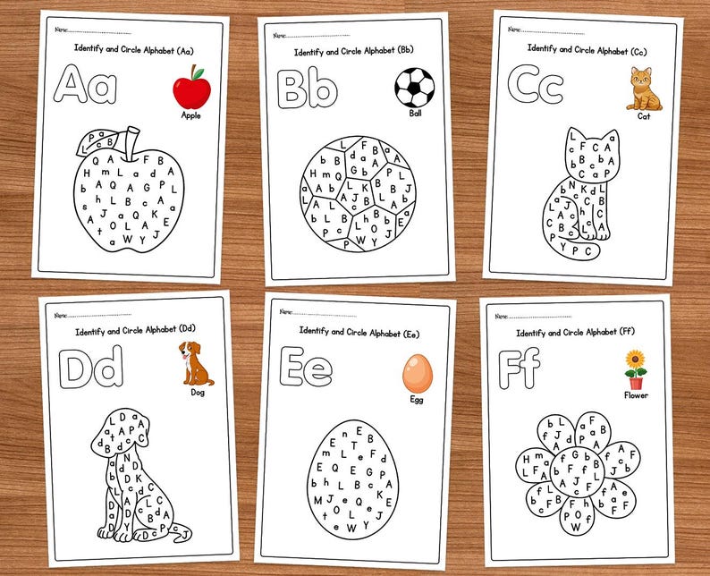 May include: Six black and white worksheets with a letter of the alphabet at the top of each page. Each page has a picture and a circle of letters. The letters in the circle are jumbled and the child is asked to circle the correct letter.