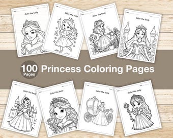 Dibujos para colorear de princesas para niñas / 100 hojas imprimibles / Libro para colorear de cuentos de hadas / Actividades de princesas adorables / Dibujos para colorear para niñas