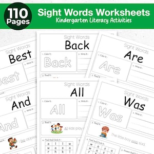 110 Sight Words Worksheets, Read Trace Color Write Find - Sight Word Practice Printable for Kids, Kindergarten Literacy Activities