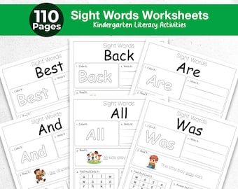 110 Sight Words Worksheets, Read Trace Color Write Find - Sight Word Practice Printable for Kids, Kindergarten Literacy Activities