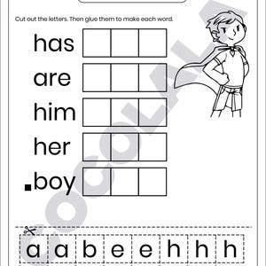 Printable Build the Word Sight Word Worksheet for Preschool and Kindergarten. Kids cut out letters and paste them to spell words like ten, give, bed, and because. Great for early literacy, phonics, spelling, and fine motor skills. Fun cut-and-paste sight word activity for classroom or homeschool. Part of a 30-page printable learning pack. Black and white worksheet for easy printing