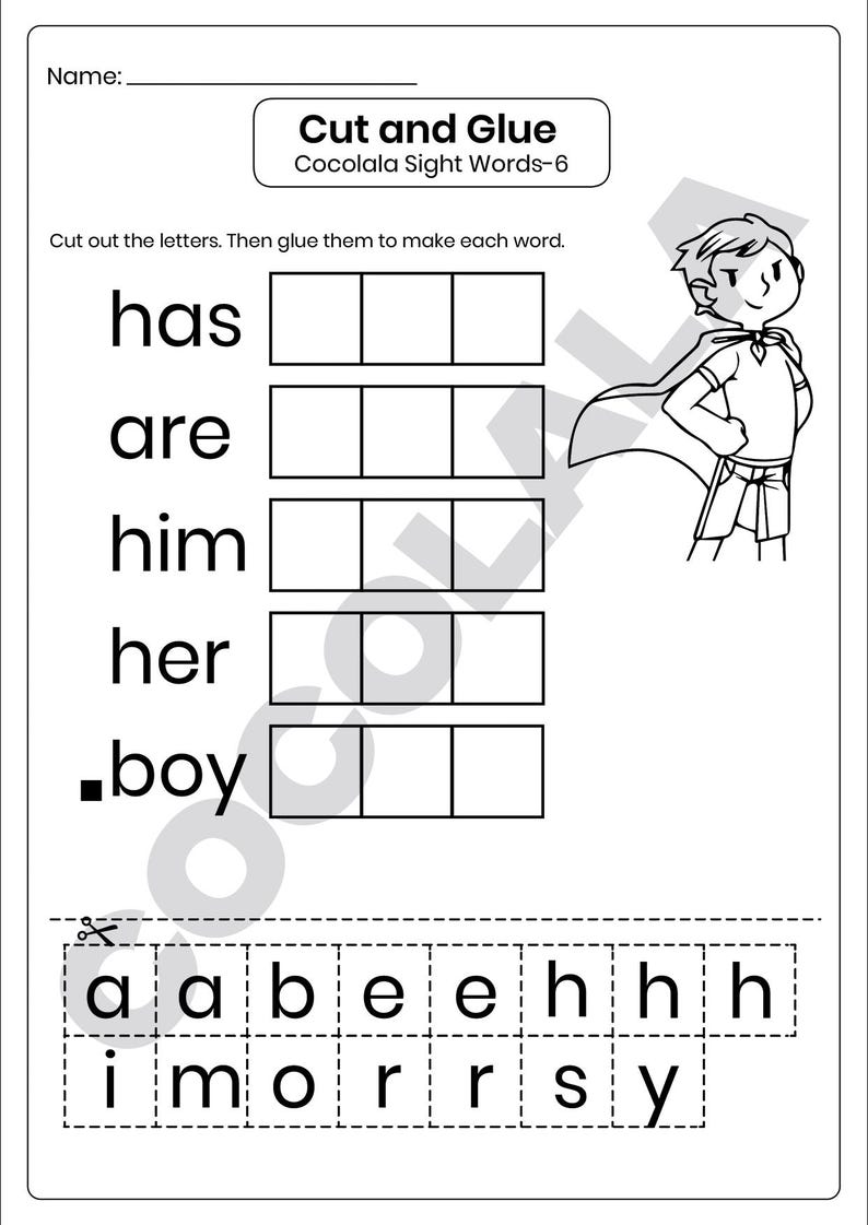 Printable Build the Word Sight Word Worksheet for Preschool and Kindergarten. Kids cut out letters and paste them to spell words like ten, give, bed, and because. Great for early literacy, phonics, spelling, and fine motor skills. Fun cut-and-paste sight word activity for classroom or homeschool. Part of a 30-page printable learning pack. Black and white worksheet for easy printing