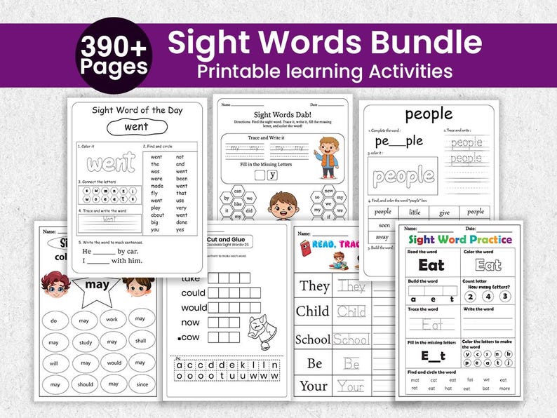Bundle of printable sight word resources including 100 Fry First sight words, 103 sight words, Build the Word activities, Sight Word Dab pages, and 50 Sight Words Practice worksheets. Designed for PreK to Grade 1 literacy development. Combines tracing, dot marker, writing, matching, and building formats for diverse practice. High-quality PDF download for immediate printing and use in classrooms or home learning.