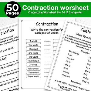 Op de afbeelding: Een set van 50 werkbladen getiteld Contraction voor leerlingen in groep 3 en 4. De zwart-wit geprinte pagina's bevatten oefeningen om samentrekkingen voor woordparen te schrijven, zinnen te corrigeren en de definitie van een samentrekking uit te leggen.