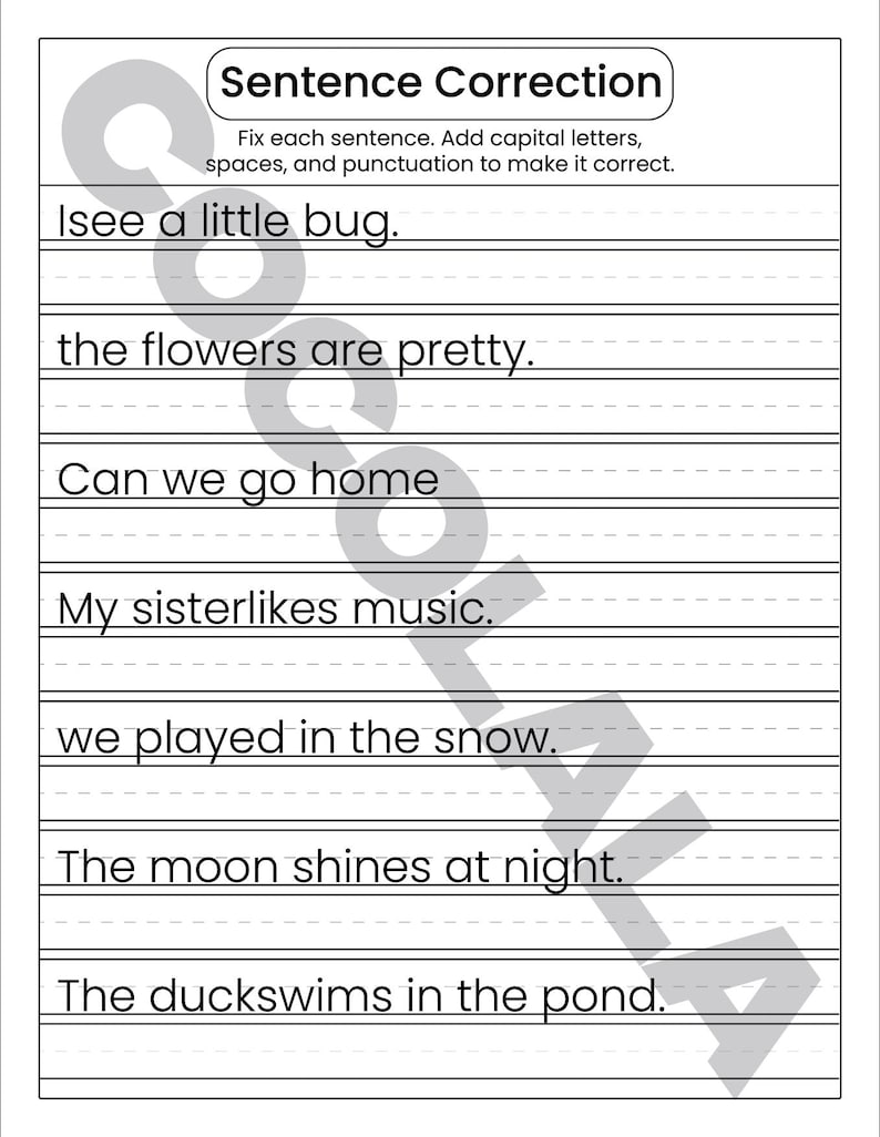 "Sentence Correction Worksheets" cover featuring a dog and cat illustration. Preview pages show sentences like "i like to play outside" and "The catis sleeping" with designated lines for students to rewrite them correctly. The design is clean and professional with intentional white space on both sides for a balanced look. The black-and-white printable layout is clear and easy to read, shown as a professional 8.5x11 inch PDF format.