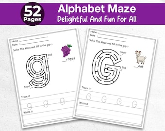 Hojas de trabajo imprimibles del laberinto del alfabeto / Trazado de letras para preescolar y niños pequeños / Libro de actividades del abecedario / Práctica de escritura a mano / Plan de estudios para educación en casa (PDF)