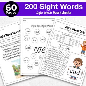 200 palabras a simple vista - Fry First Two Hundred Sight Words Aprenda a leer Ortografía para niños pequeños 60 hojas de trabajo imprimibles Libro de fonética de jardín de infantes Grado 1