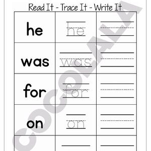 May include: A white worksheet with the title "Read It - Trace It - Write It". The worksheet features the words "he", "was", "for", "on", and "are" in bold, with tracing and writing sections below each word. The top of the page has a line for the name.
