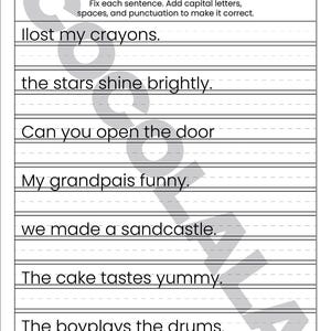 "Sentence Correction Worksheets" cover featuring a dog and cat illustration. Preview pages show sentences like "i like to play outside" and "The catis sleeping" with designated lines for students to rewrite them correctly. The design is clean and professional with intentional white space on both sides for a balanced look. The black-and-white printable layout is clear and easy to read, shown as a professional 8.5x11 inch PDF format.
