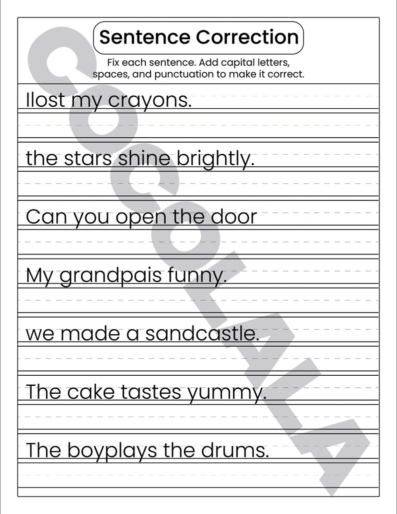 "Sentence Correction Worksheets" cover featuring a dog and cat illustration. Preview pages show sentences like "i like to play outside" and "The catis sleeping" with designated lines for students to rewrite them correctly. The design is clean and professional with intentional white space on both sides for a balanced look. The black-and-white printable layout is clear and easy to read, shown as a professional 8.5x11 inch PDF format.