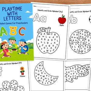 May include: A set of alphabet learning worksheets for preschoolers. Each page features a letter of the alphabet, a picture of an object that starts with that letter, and a word search puzzle. The letters are in black and white, and the pictures are in color.