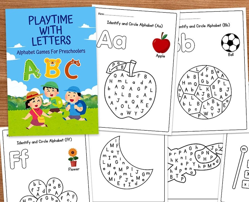 May include: A set of alphabet learning worksheets for preschoolers. Each page features a letter of the alphabet, a picture of an object that starts with that letter, and a word search puzzle. The letters are in black and white, and the pictures are in color.