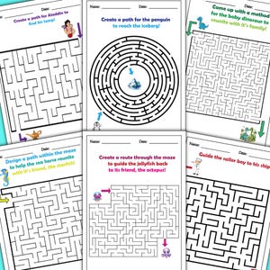 May include: Five black and white maze puzzles with instructions for each. The mazes feature a penguin, a jellyfish, a dinosaur, a seahorse, and a sailor boy.