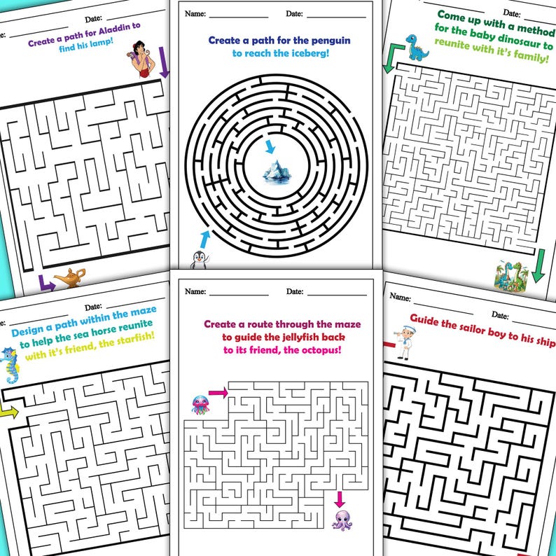May include: Five black and white maze puzzles with instructions for each. The mazes feature a penguin, a jellyfish, a dinosaur, a seahorse, and a sailor boy.