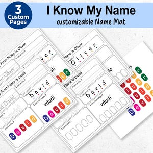 May include: A customizable name mat with the text "I Know My Name." The mat includes tracing, writing, and building activities for names. The design features colorful letters and the names "Oliver" and "David."
