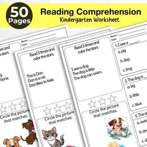May include: Kindergarten reading comprehension worksheet with 50 pages. The pages feature reading exercises with sentences like "This is Max. Max is a dog." and matching picture activities. The worksheet is designed for early learners.