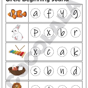 Printable beginning sounds worksheets for preschool and kindergarten. Children circle the beginning sound of pictures, match objects to starting letters, and write the missing first letter. These phonics printables help build early reading and sound recognition skills. Ideal for homeschool or classroom learning. Includes black-and-white pages for easy printing. Great for phonemic awareness, letter-sound matching, and alphabet learning