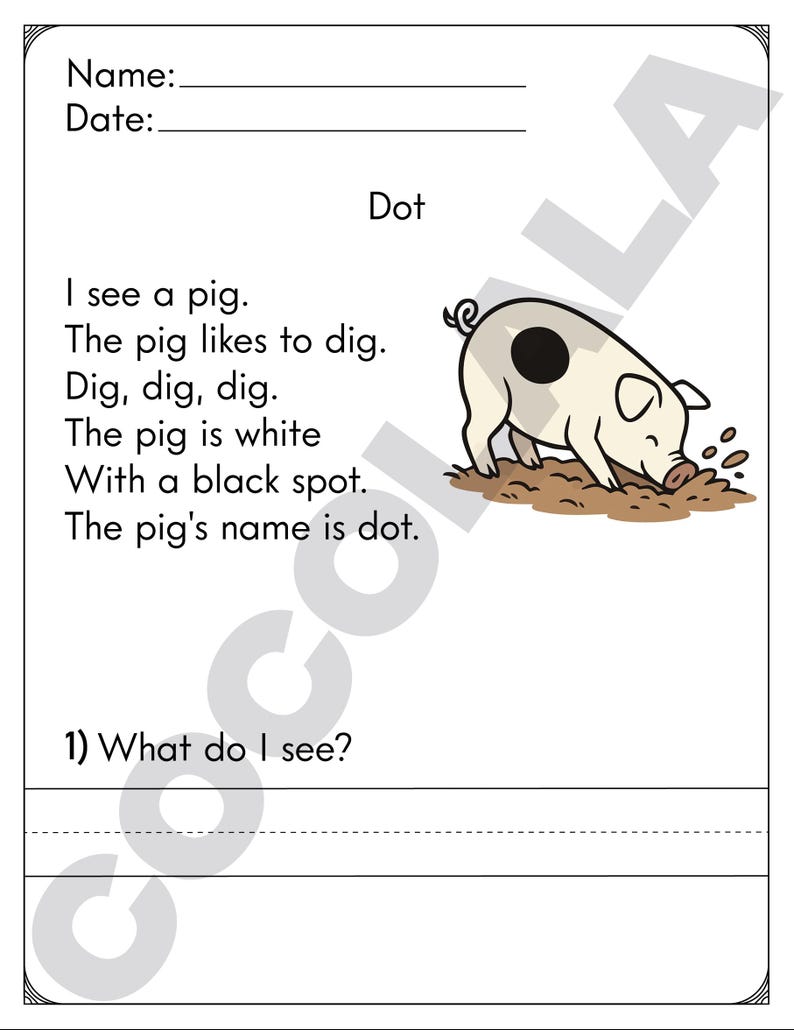Printable reading comprehension worksheets for Kindergarten and First Grade. Includes 30+ short reading passages with follow-up questions to help children build reading fluency, vocabulary, and understanding. Perfect for homeschool, classroom use, or language arts enrichment. Delivered as an easy-to-print black and white PDF, sized for standard US Letter paper.