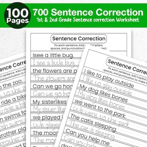 700 feuilles de correction de phrases | Grammaire 1re et 2e années | Espacement des majuscules et pratique de la ponctuation | Rédaction d'un PDF imprimable