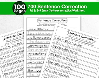 700 Sentence Correction Worksheets | 1st and 2nd Grade Grammar | Capitalization Spacing & Punctuation Practice | Writing Printable PDF