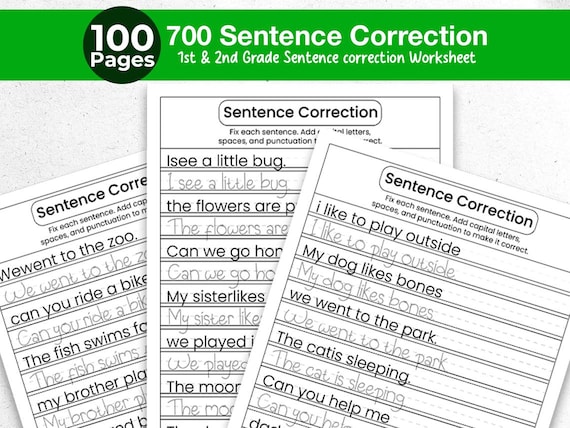 700 Sentence Correction Worksheets | 1st and 2nd Grade Grammar | Capitalization Spacing & Punctuation Practice | Writing Printable PDF
