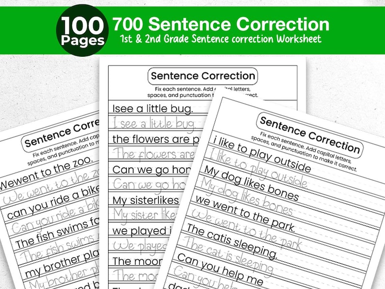 "Sentence Correction Worksheets" cover featuring a dog and cat illustration. Preview pages show sentences like "i like to play outside" and "The catis sleeping" with designated lines for students to rewrite them correctly. The design is clean and professional with intentional white space on both sides for a balanced look. The black-and-white printable layout is clear and easy to read, shown as a professional 8.5x11 inch PDF format.