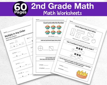 Math 2nd Grade Worksheets 60 Page | Summer Workbook for Kids | Summer Math Worksheet 2nd Grade Learning Pack Math | Printable Digital Book